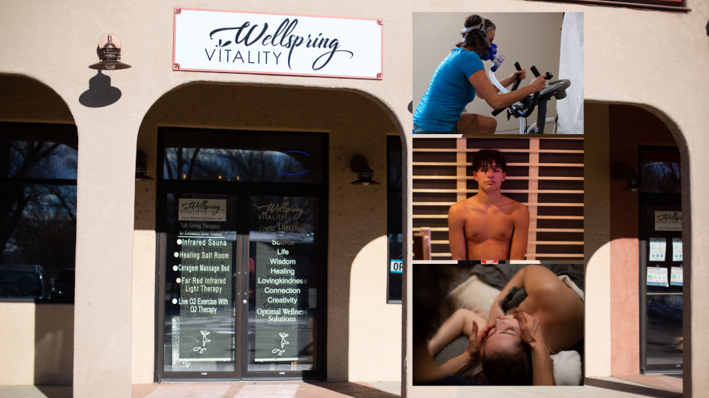 Wellspring Vitality business front, with photos of a person using exercise with oxygen therapy. A young man sitting in a sauna. And a woman receiving a facial massage