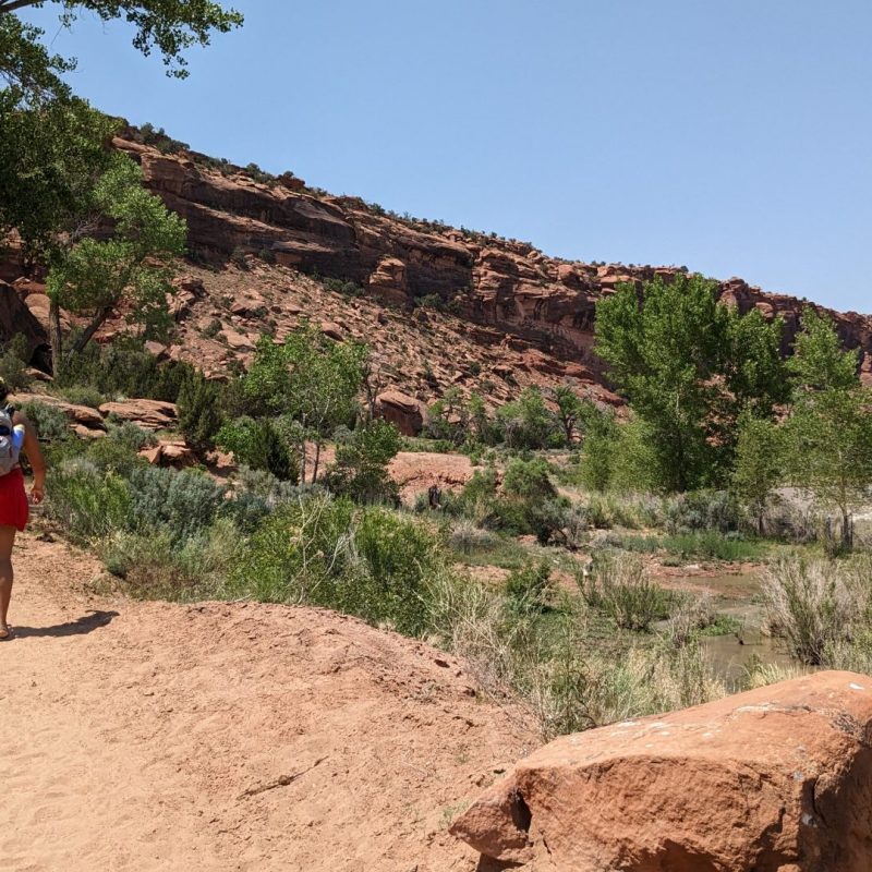Liz and daughter hike beside a river in a canyon.