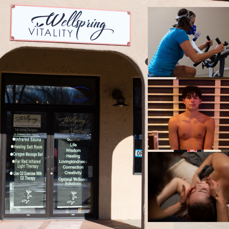 Wellspring Vitality business front, with photos of a person using exercise with oxygen therapy. A young man sitting in a sauna. And a woman receiving a facial massage